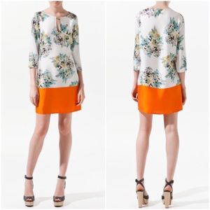 Zara White Floral Dress with Orange Hem